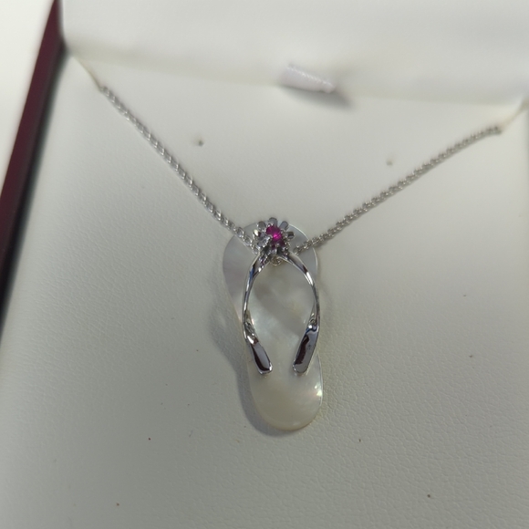 galatea Jewelry - Galatea Silver Flip Flop Pendant Necklace with Pink Gem flower hawaiian beach